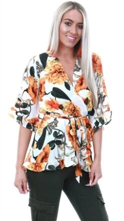 Ax Paris Orange Floral Frill Wrap Top