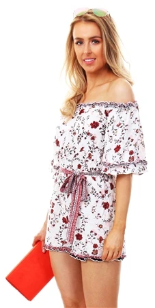 Parisian White Floral Print Bardot Tie Waist Playsuit