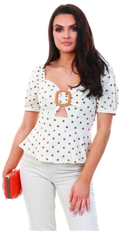 Qed Cream Mocha Polka Dot Buckle Puff Top