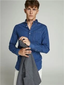 Jack & Jones Blue / Medium Blue Denim Button-Down Denim Shirt -Jack & Jones Store 23009 2