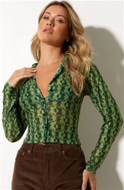Motel Wavy Daisy Green Kelly Cropped Shirt