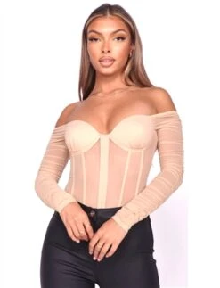 Parisian Beige Bustier Long Sleeve Mesh Bodysuit