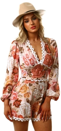Parisian Floral Pattern Lace Trim Long Sleeve Playsuit