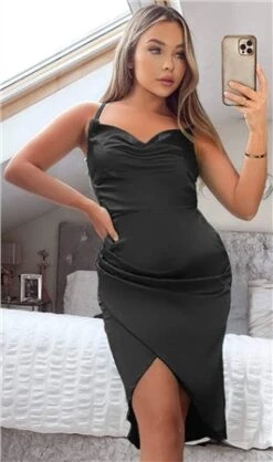 Ax Paris Black Pleated Wrap Cowl Neck Satin Midi Dress