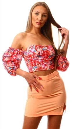 Parisian Red Lilac Floral Puff Sleeeve Bardot Crop Top
