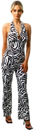 Vivichi Black / White Zebra Print Pattern Halter Jumpsuit