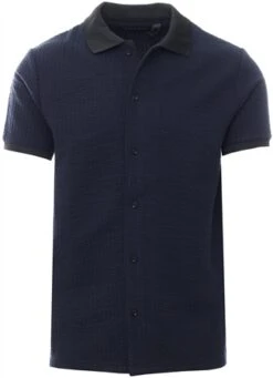 Brave Soul Navy Textured Jacquard Pattern Button Polo Shirt