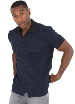 Brave Soul Navy Textured Jacquard Pattern Button Polo Shirt -Jack & Jones Store 26166 3