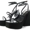 Public Desire Black Pu Square Toe Strappy Platform Flared Heels
