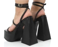 Public Desire Black Pu Square Toe Strappy Platform Flared Heels -Jack & Jones Store 26340 2