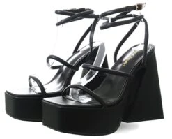 Public Desire Black Pu Square Toe Strappy Platform Flared Heels