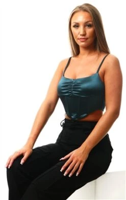 Saint Genies Petrol Neala Colbalt Stretch Satin Strap Corset Top