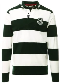Brave Soul Hunter Green / White Horizontal Stripe Long Sleeve Polo Neck Top