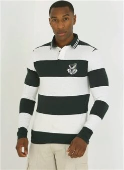 Brave Soul Hunter Green / White Horizontal Stripe Long Sleeve Polo Neck Top -Jack & Jones Store 26911 3