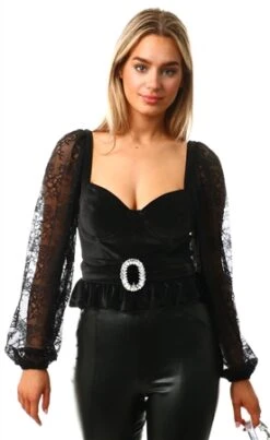 Saint Genies Black Velvet / Lace Long Sleeve Top