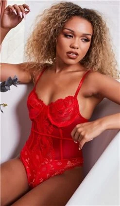 Saint Genies Red Callie Underwired Lace Thong Bodysuit