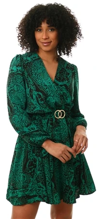 Ax Paris Green Printed Wrap Over Belted Long Sleeve Skater Dress