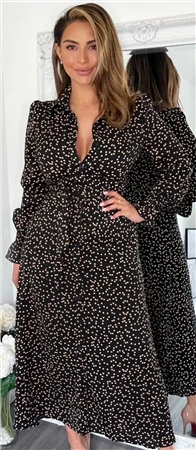 Ax Paris Black Heart Printed Tie Waist Midi Shirt Dress