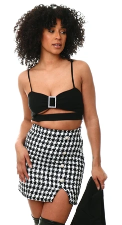 Parisian Black / White Houndstooth Button Mini Skirt
