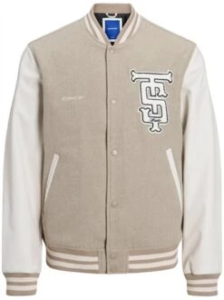 Jack & Jones Grey/Crockery College Baseball Ribbed Cuffs Jacket