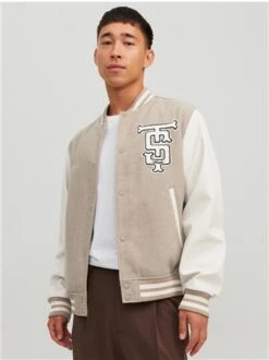 Jack & Jones Grey/Crockery College Baseball Ribbed Cuffs Jacket -Jack & Jones Store 27360 3