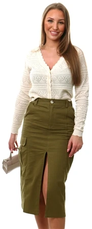 Brave Soul Khaki Cargo Style Front Slit Midi Denim Skirt