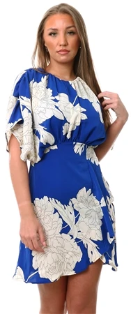 Ax Paris Blue And Cream Floral Printed Round Neck Mini Dress