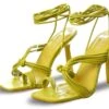No Doubt Lime Pu Square Toe Strappy Lace Up Heels