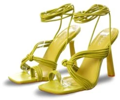 No Doubt Lime Pu Square Toe Strappy Lace Up Heels