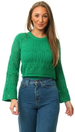 Brave Soul Green Wide Sleeve Crew Neck Pointelle Jumper