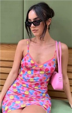 Glamorous Pink Fruit Print Mesh Strappy Short Dress
