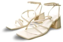 Public Desire Ecru Square Toe Lace Up Block Mid Heeled Sandals