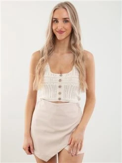 Brave Soul Beige Solid High Waist Mini Length Woven Skort