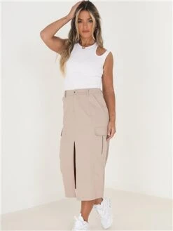 Brave Soul Stone Cargo Style Front Slit Midi Denim Skirt -Jack & Jones Store 28031 2