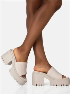 Public Desire Ecru Sabeena Chunky Mule Round Toe Mid Heel Sandals -Jack & Jones Store 28045 2