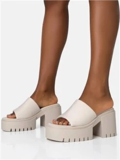 Public Desire Ecru Sabeena Chunky Mule Round Toe Mid Heel Sandals