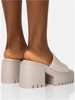 Public Desire Ecru Sabeena Chunky Mule Round Toe Mid Heel Sandals -Jack & Jones Store 28045 3