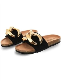 Westland Black Slip On Gold Buckle Sandal
