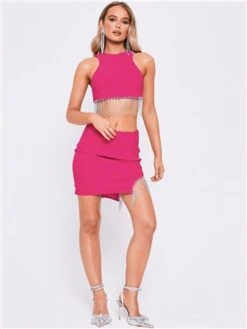 Saint Genies Hot Pink Beatrix Diamante Fringe Racer Shape Crop Top -Jack & Jones Store 28188 2
