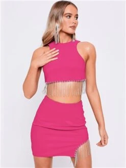Saint Genies Hot Pink Beatrix Diamante Fringe Racer Shape Crop Top
