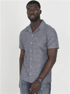 Brave Soul Blue Chambray Revere Collar Short Sleeved Shirt -Jack & Jones Store 28271 3