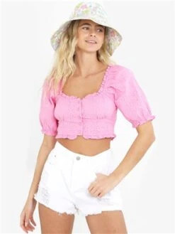 Brave Soul Pink Broderie Anglaise Buttoned Milkmaid Top -Jack & Jones Store 28311 2
