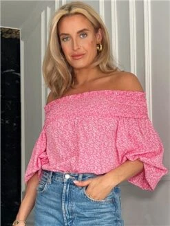 Girl In Mind Pink Candace Shirred Bardot Floral Top
