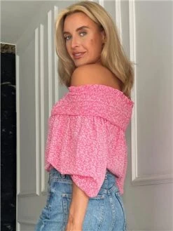 Girl In Mind Pink Candace Shirred Bardot Floral Top -Jack & Jones Store 28336 3