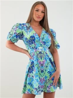 Girl In Mind Blue / Green Elise Puff Sleeves Gold Buckle Skater Dress