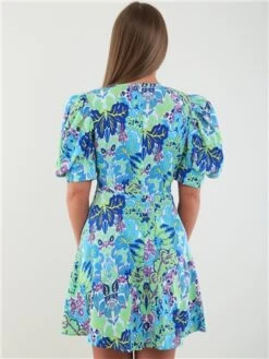 Girl In Mind Blue / Green Elise Puff Sleeves Gold Buckle Skater Dress -Jack & Jones Store 28338 3