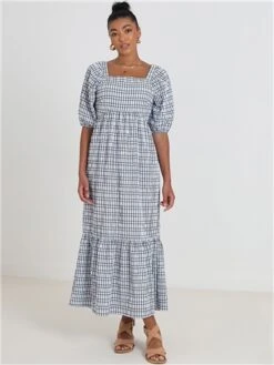 Brave Soul Pale Blue / Black Checked Seersucker Maxi Dress With Tie Detail -Jack & Jones Store 28361 2