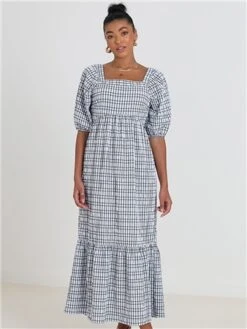 Brave Soul Pale Blue / Black Checked Seersucker Maxi Dress With Tie Detail