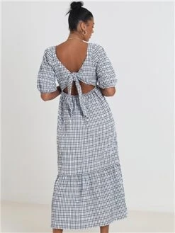 Brave Soul Pale Blue / Black Checked Seersucker Maxi Dress With Tie Detail -Jack & Jones Store 28361 3