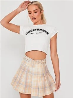 Saint Genies Cream / Yellow Check Pleat Mini Skirt